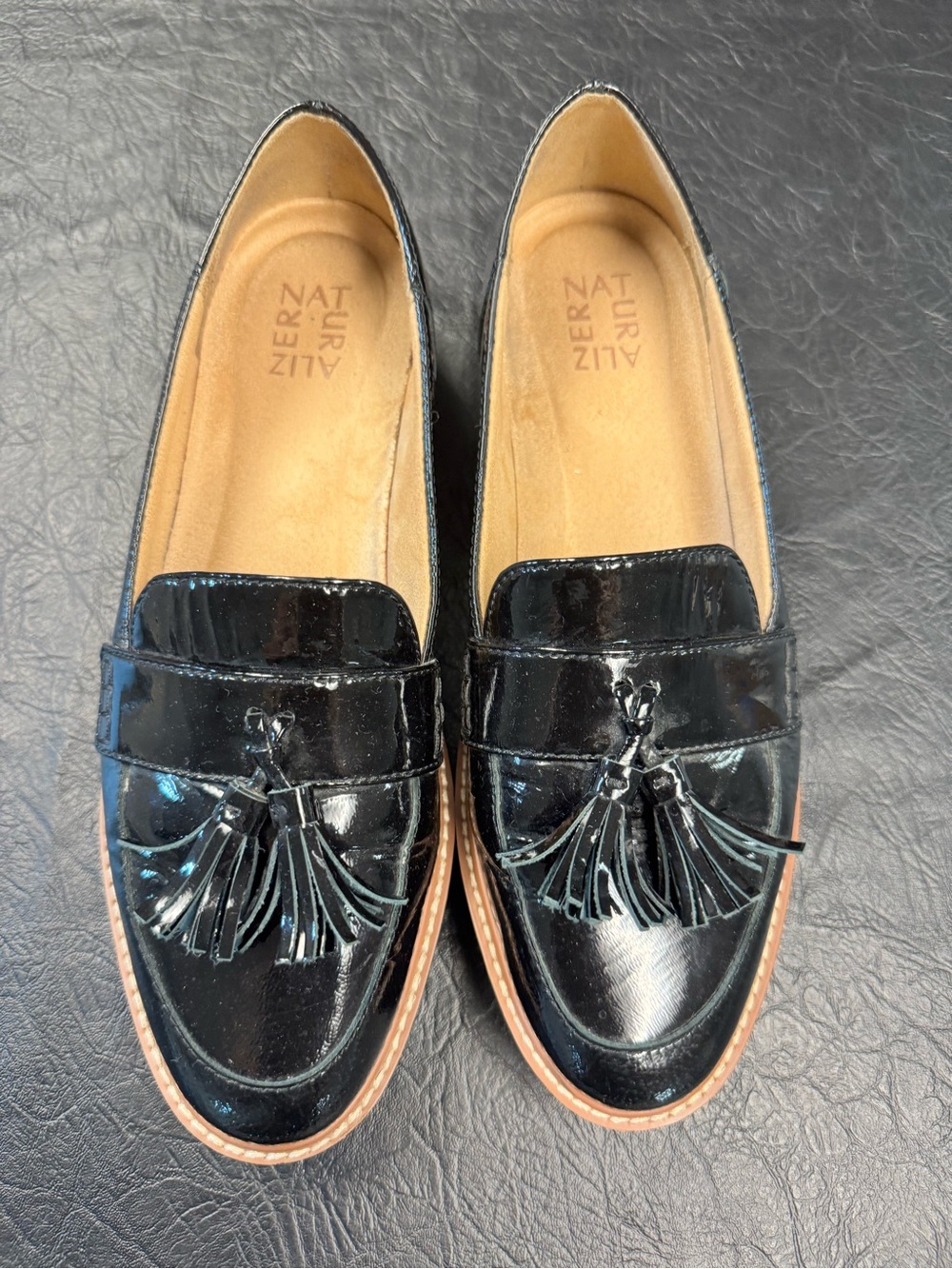 Naturalizer Black Patent Tassel Loafers with Tan Trim